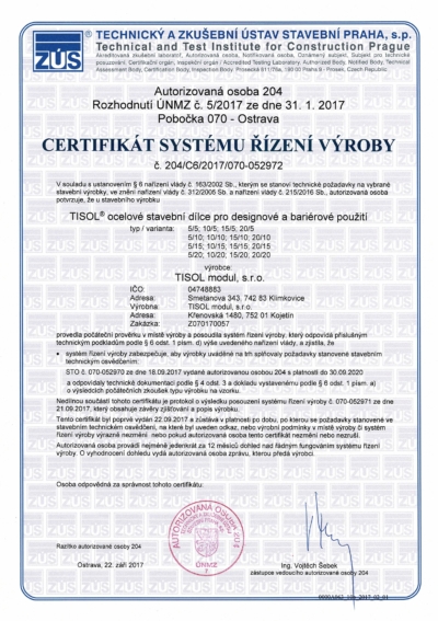 Certifikát systému řízení výroby